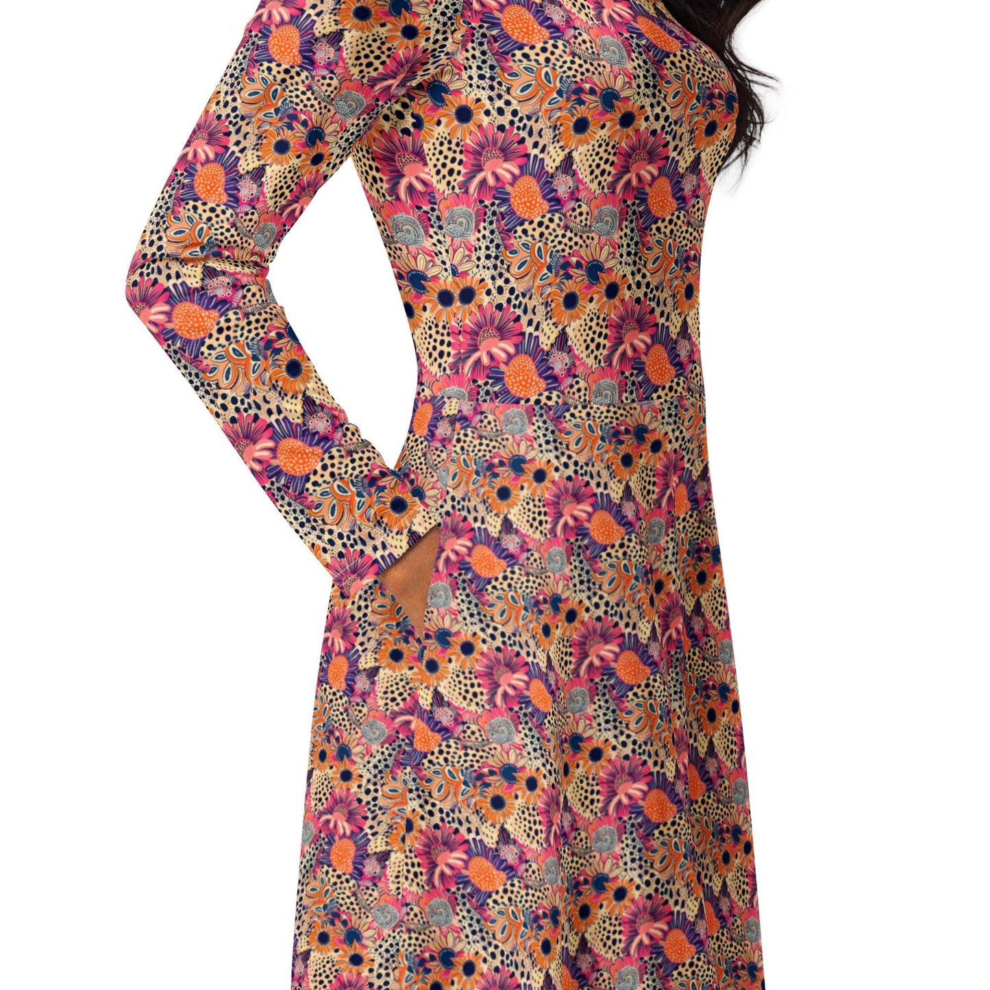 Vibrant Floral Fantasy: Women's All-Over Print Long Sleeve Midi Dress