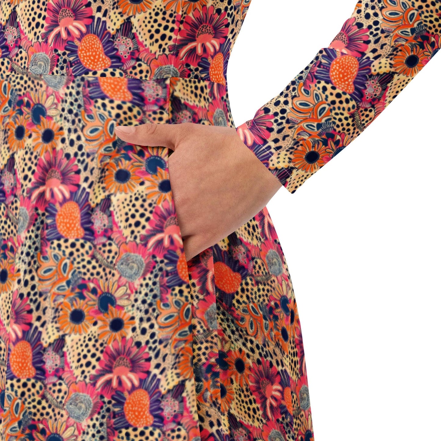 Vibrant Floral Fantasy: Women's All-Over Print Long Sleeve Midi Dress