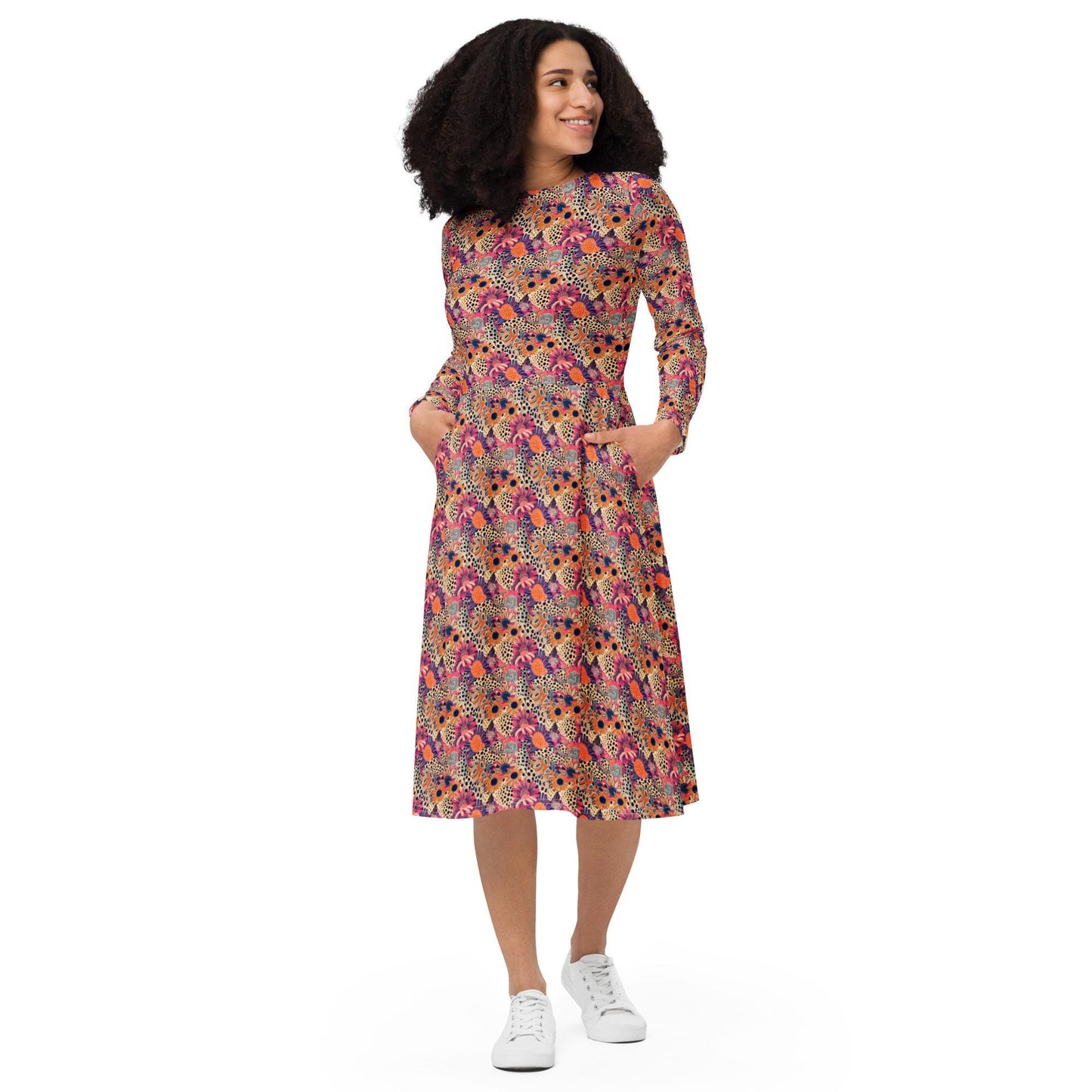 Vibrant Floral Fantasy: Women's All-Over Print Long Sleeve Midi Dress