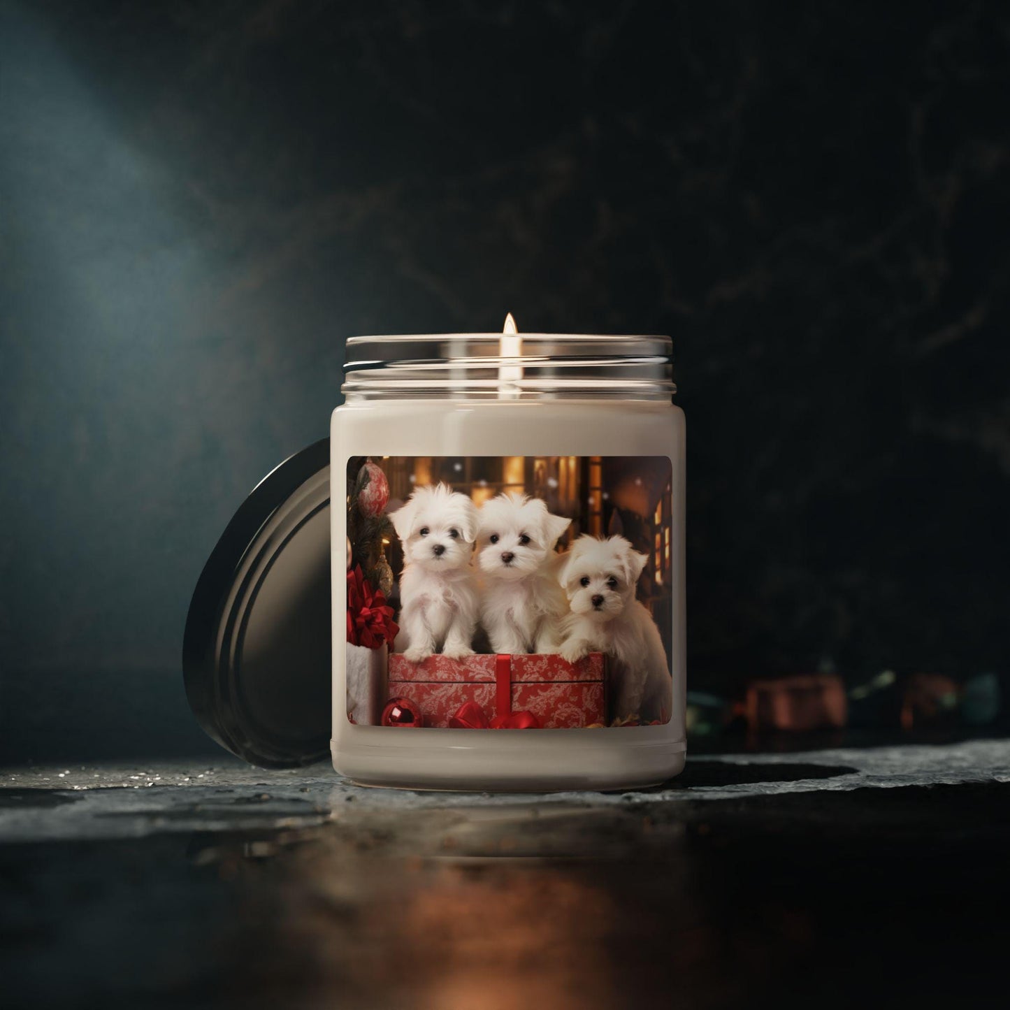 Scented Candle, Xmas Maltese Design - Cinnamon Scented 9oz, Puppy Love - Best Selling Home Decor Gift, Christmas Holiday Candle, Festive