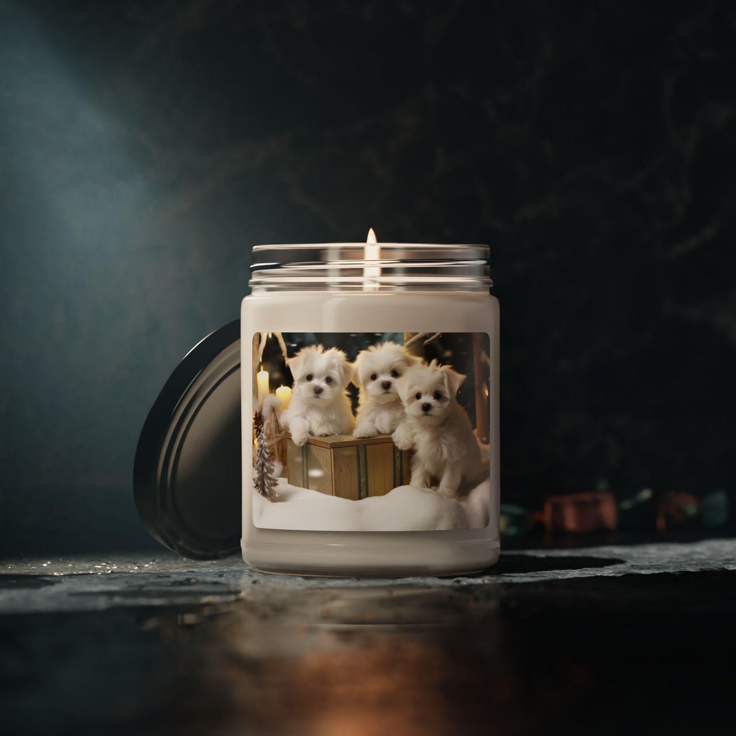 Soy Candle, Xmas Holiday Scented, 9oz, Maltese Puppy Xmas, Cinnamon Apple, Best Selling, Family Gift, Holiday Candles, Christmas Decor,