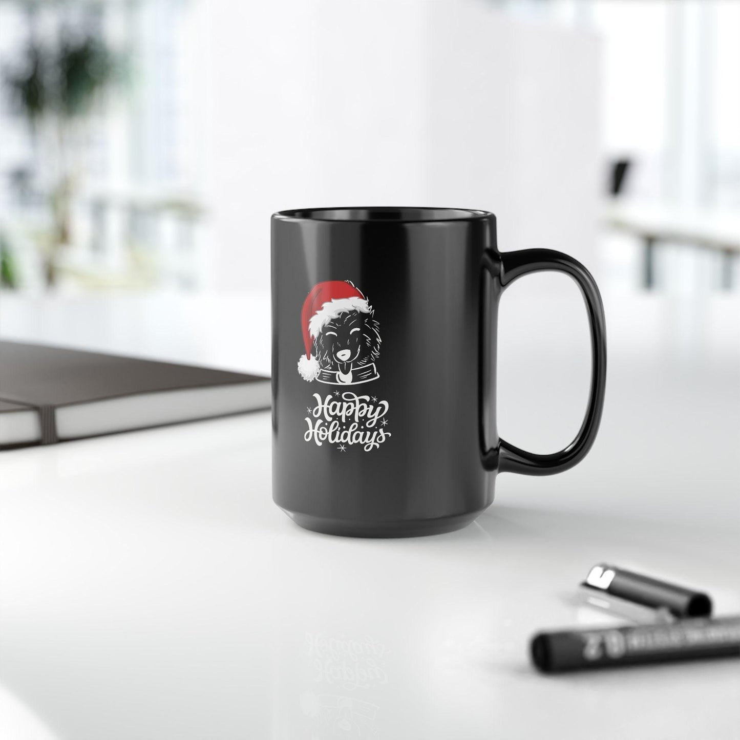 Dog Lover Mug, Happy Holiday Black Mug, 15oz, Doggy Santa Design Large Coffee Mug, Xmas Gift, Kitchen Mug, Party Gift, Holiday Mug,