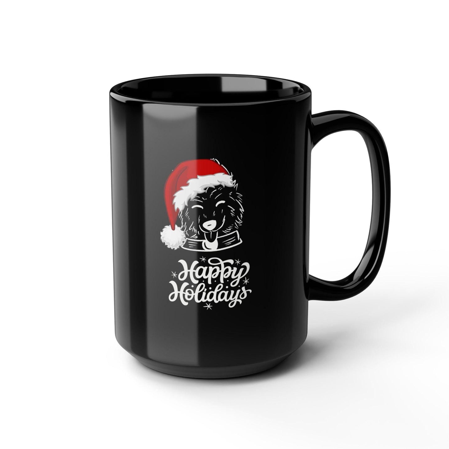 Dog Lover Mug, Happy Holiday Black Mug, 15oz, Doggy Santa Design Large Coffee Mug, Xmas Gift, Kitchen Mug, Party Gift, Holiday Mug,