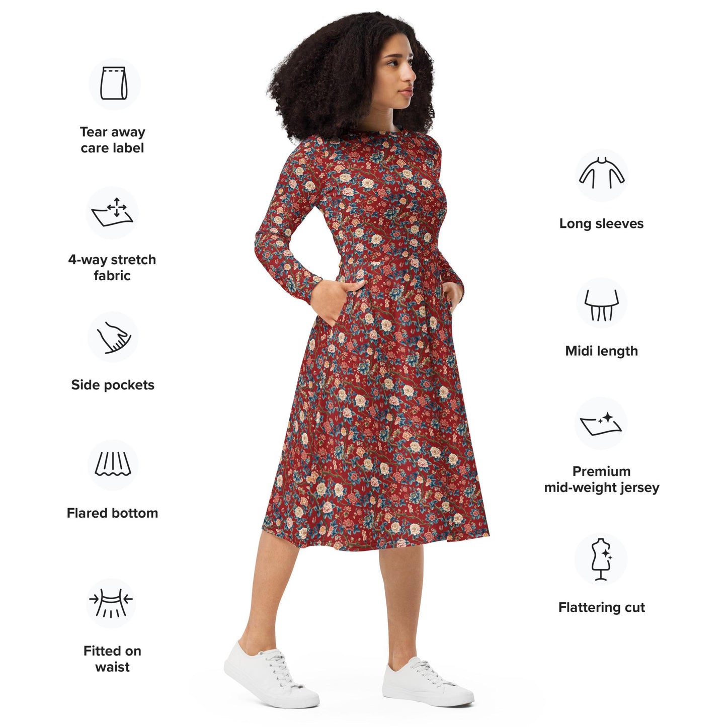 Chinoiserie All-Over Print Long Sleeve Midi Dress – Elegant Bohemian Chic Fashion