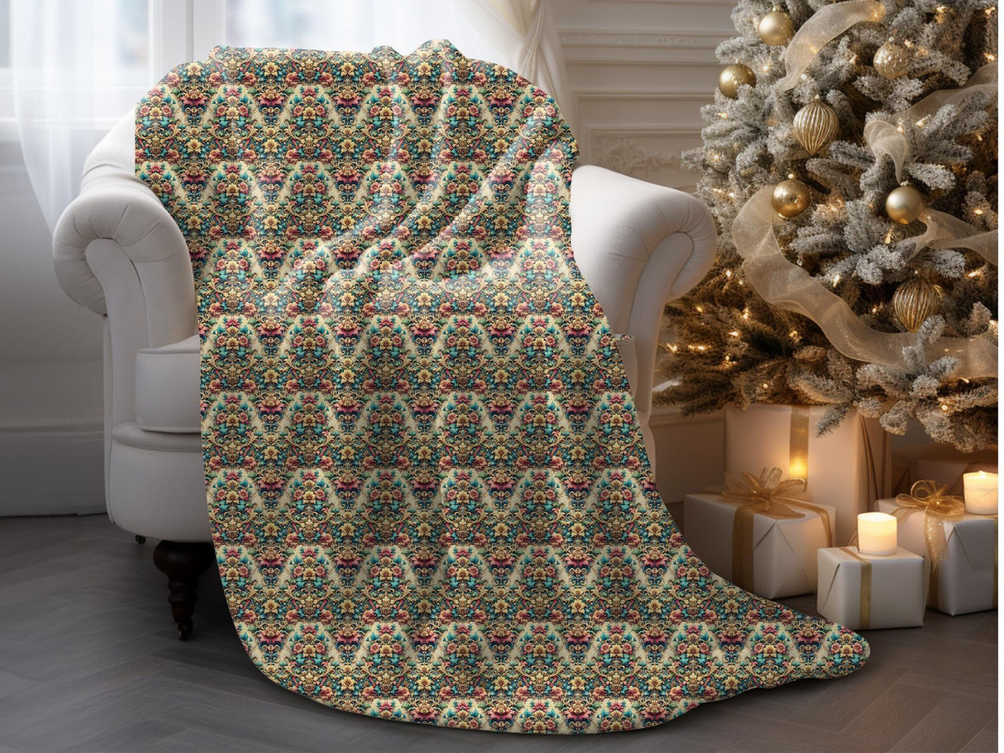 Victorian Floral Velveteen Blanket, Cozy Plush Throw for Home Decor, Floral Pattern Print, Warm Sofa Blanket, Bedding Gift Idea