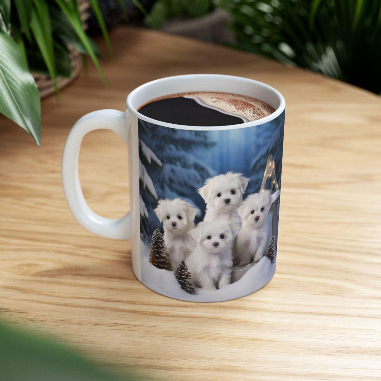 White Xmas Maltese Ceramic Mug 11oz, Holiday Gift, Puppy Love Coffee Cup, Kitchen Decor, Best Gift, Xmas Mug