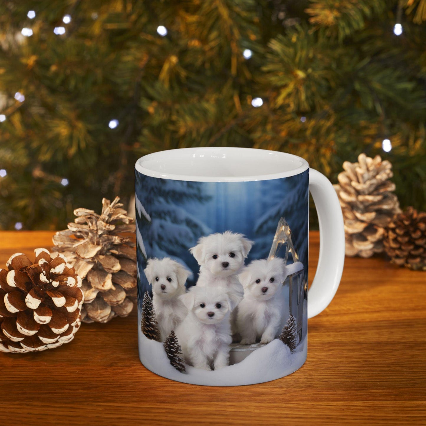 White Xmas Maltese Ceramic Mug 11oz, Holiday Gift, Puppy Love Coffee Cup, Kitchen Decor, Best Gift, Xmas Mug