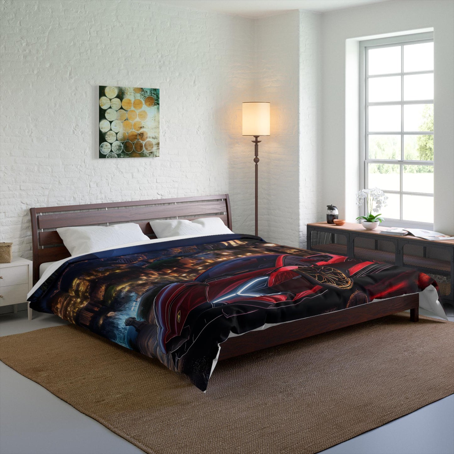 Luxury Sports Car Comforter, Modern Bedroom Decor, Automotive Enthusiast Gift, Cozy Bedding Set, Unique Car-Themed Quilt, Red Lambo