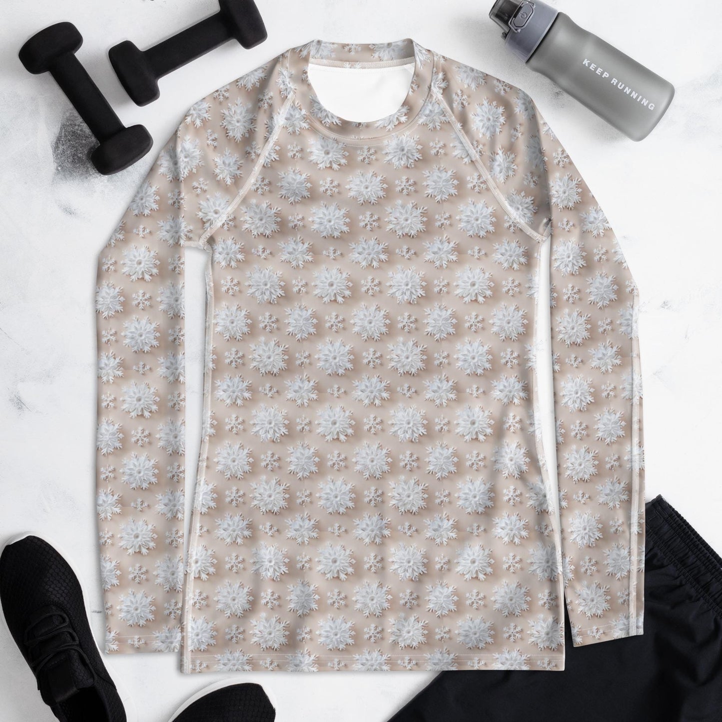 Winter Wonderland Snowflake Design Women’s Rash Guard – Long Sleeve UV Protection, Stylish Winter Swimwear, Xmas Holiday Beachwear