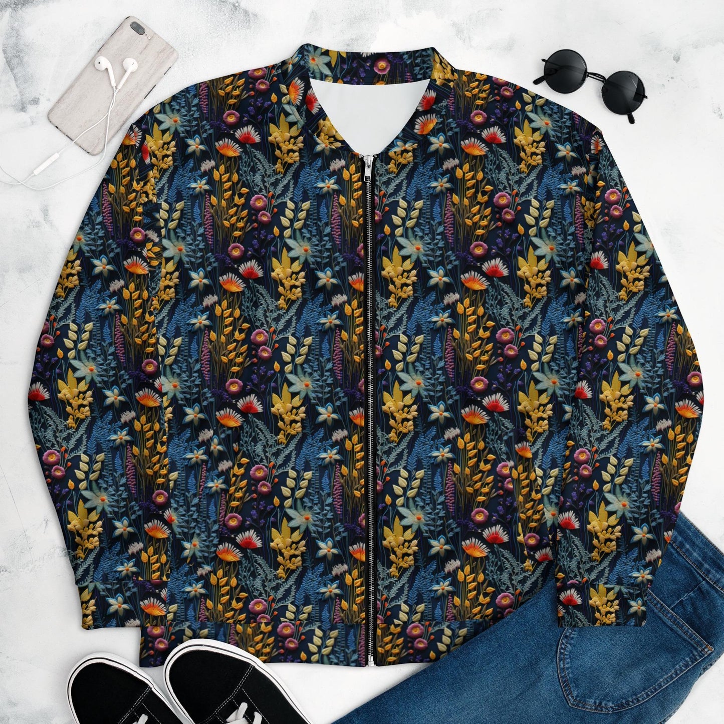 Women's Floral Pattern Stylish Bomber Jacket – All-Over Print 3D Threaded Design, Casual & Evening Wear, Trendy Floral Bomber, Perfect Gift