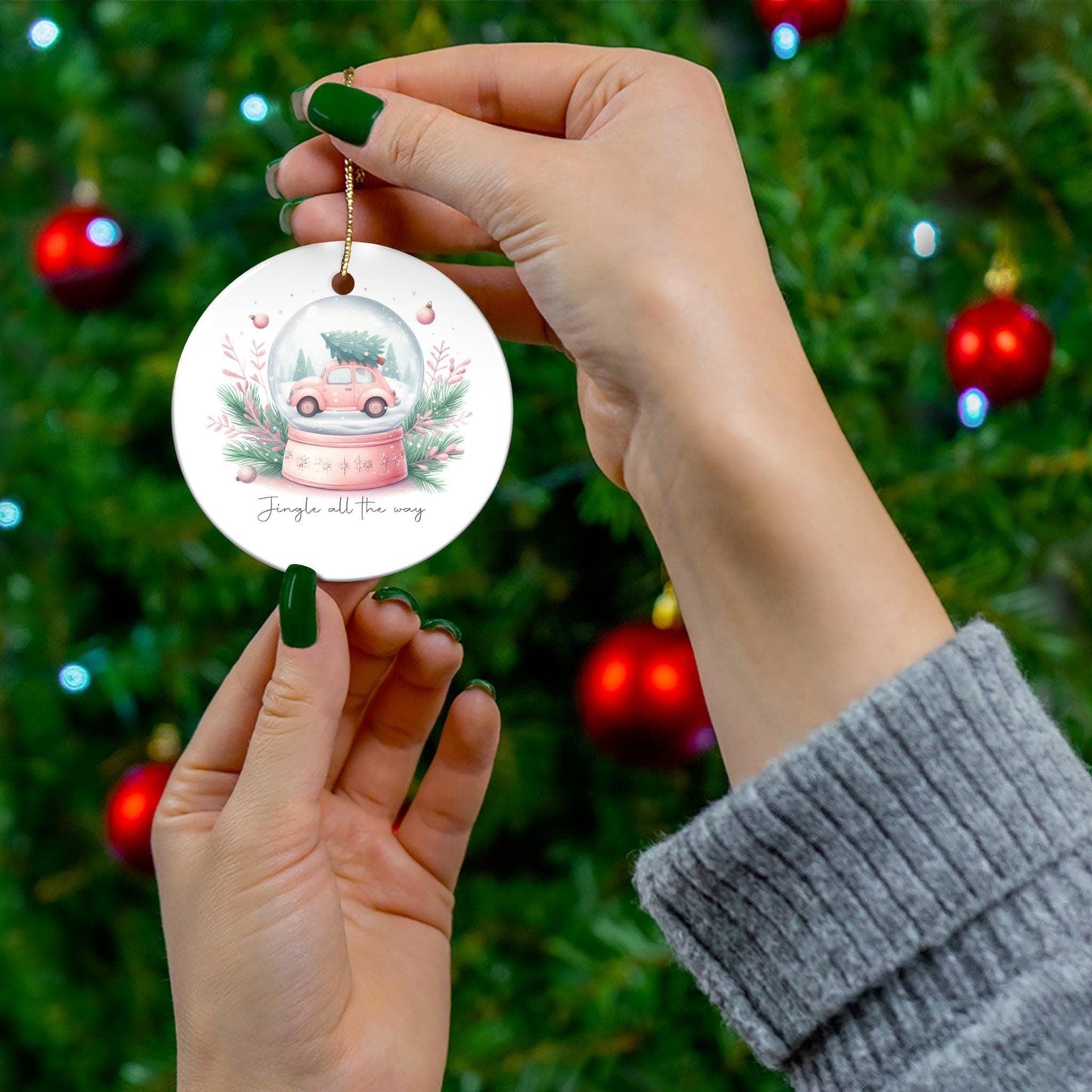 Festive Ceramic Ornament - Jingle All the Way, Holiday Pink Décor, Christmas Tree Decoration, Winter Wonderland, Family Keepsake, Gift Idea