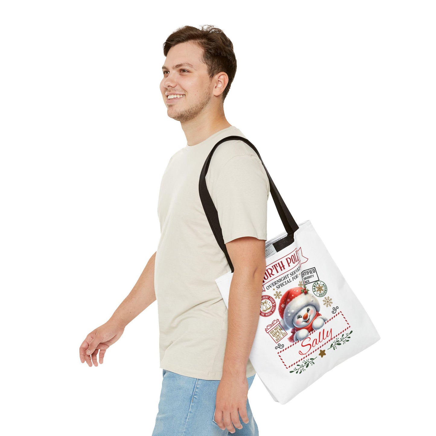 Personalized North Pole Tote Bag, Holiday Gift, Christmas Shopping Bag, Snowman Design, Festive Reusable Shopper