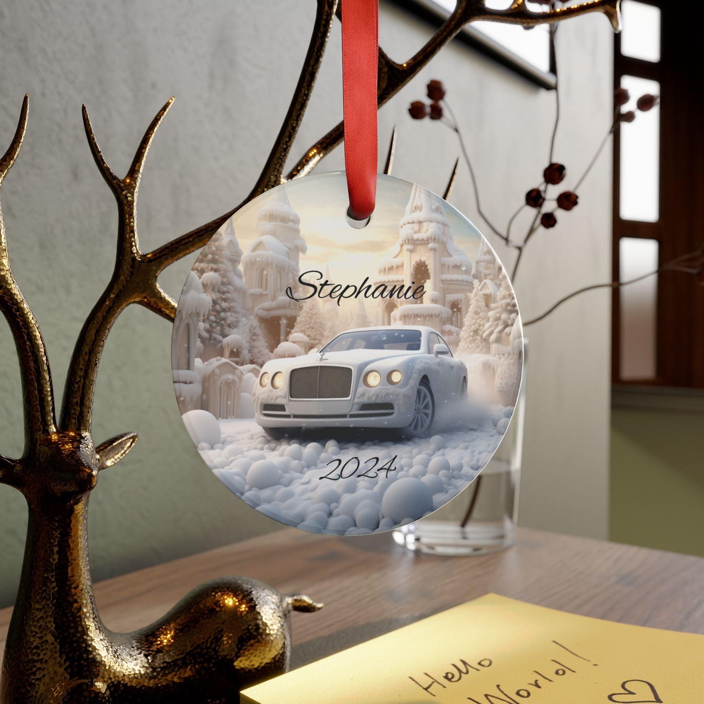 Personalized Winter Car Acrylic Ornament, Custom Holiday Decoration, Unique Christmas Gift, Winter Wonderland Decor, White Bentley