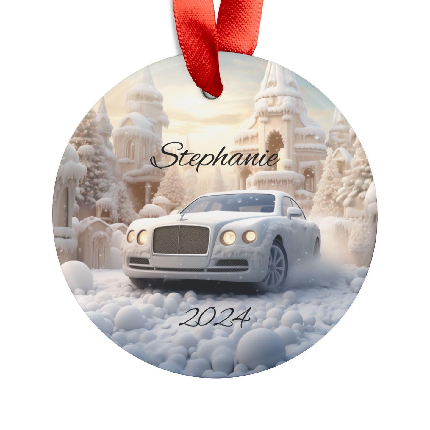 Personalized Winter Car Acrylic Ornament, Custom Holiday Decoration, Unique Christmas Gift, Winter Wonderland Decor, White Bentley