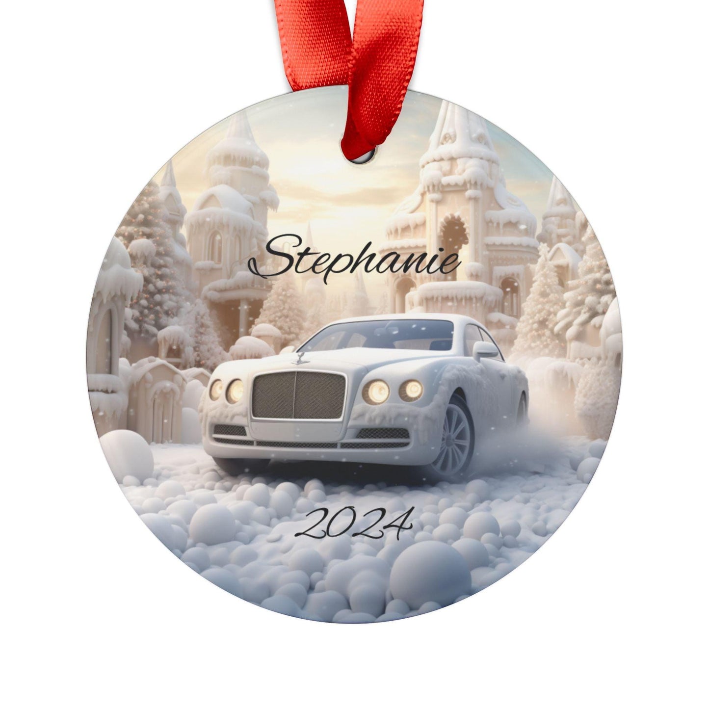 Personalized Winter Car Acrylic Ornament, Custom Holiday Decoration, Unique Christmas Gift, Winter Wonderland Decor, White Bentley