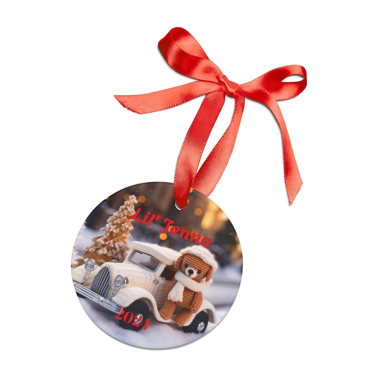 Personalized Acrylic Ornament | Cute Crotchet Bear Holiday Decoration, Christmas Gift, Keepsake, Custom Name Tag, Winter Decor