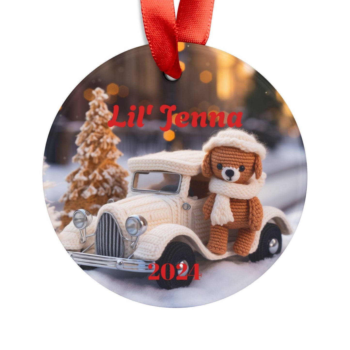 Personalized Acrylic Ornament | Cute Crotchet Bear Holiday Decoration, Christmas Gift, Keepsake, Custom Name Tag, Winter Decor