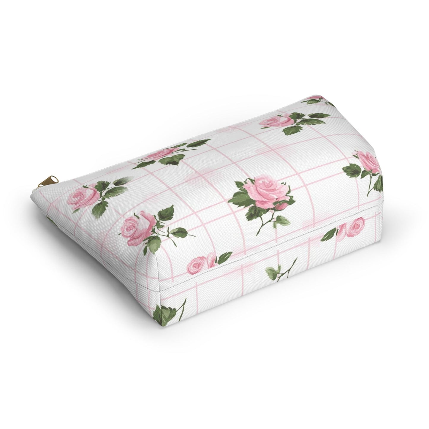 Floral Accessory Pouch - Pink Roses on Grid, Makeup Bag, Travel Organizer, Gift for Her, Floral Vanity Pouch, Cute Toiletry Bag