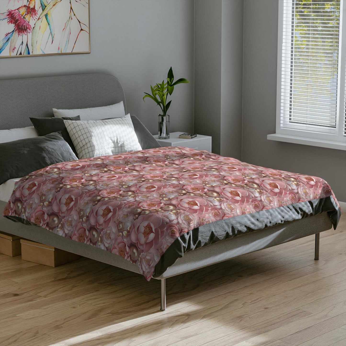 Blush Floral Velveteen Microfiber Blanket - Cozy Home Decor, Luxury Throw Blanket, Gift for Her, 3D Bedroom Accent, Wedding Gift