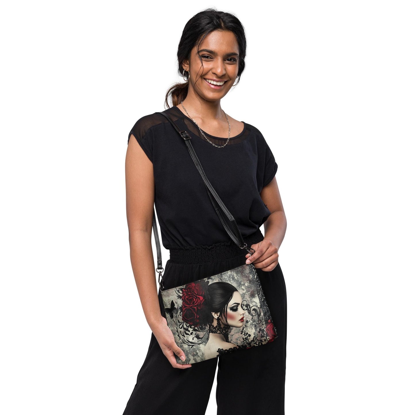 Gothic Valentine’s Crossbody Handbag – Dark & Stylish Heart Design with Silver Cross – Perfect for a Bold Unique Valentine's Gift