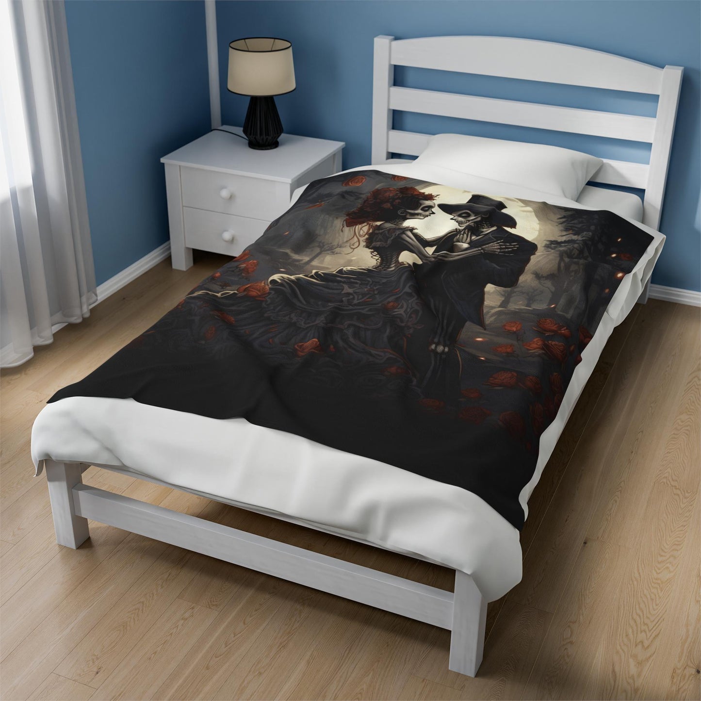 Velveteen Blanket - Day of the Dead Skeleton Couple Halloween Novelty Soft Black Blanket, Dia de los Muertos Decor, Halloween Bed Throw,