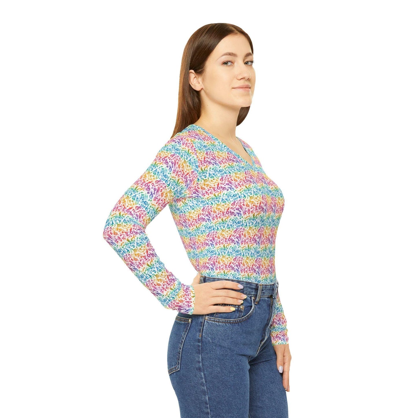 Colorful Women's Long Sleeve V-Neck Shirt, Fun Casual Top, Spring Fashion, Gift for Her, Vibrant Layering Piece