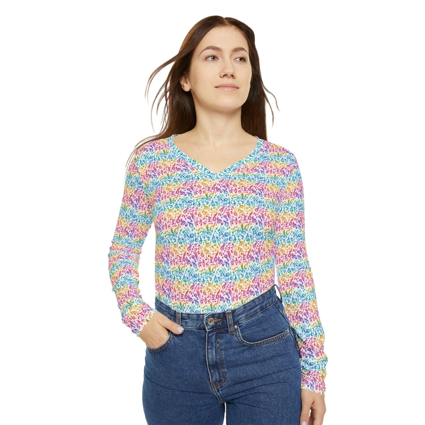 Colorful Women's Long Sleeve V-Neck Shirt, Fun Casual Top, Spring Fashion, Gift for Her, Vibrant Layering Piece