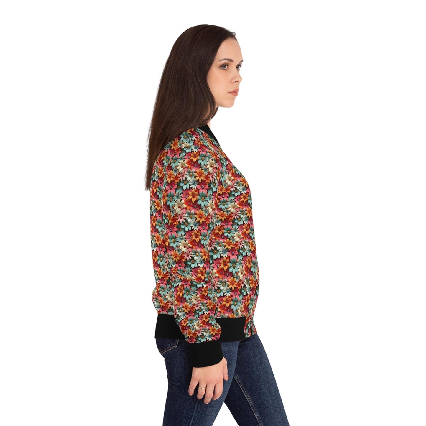 Floral Koi Women's Bomber Jacket, Bohemian Fashion, Spring Style, Casual Outerwear, Unique Gift for Her, Trendy Jacket