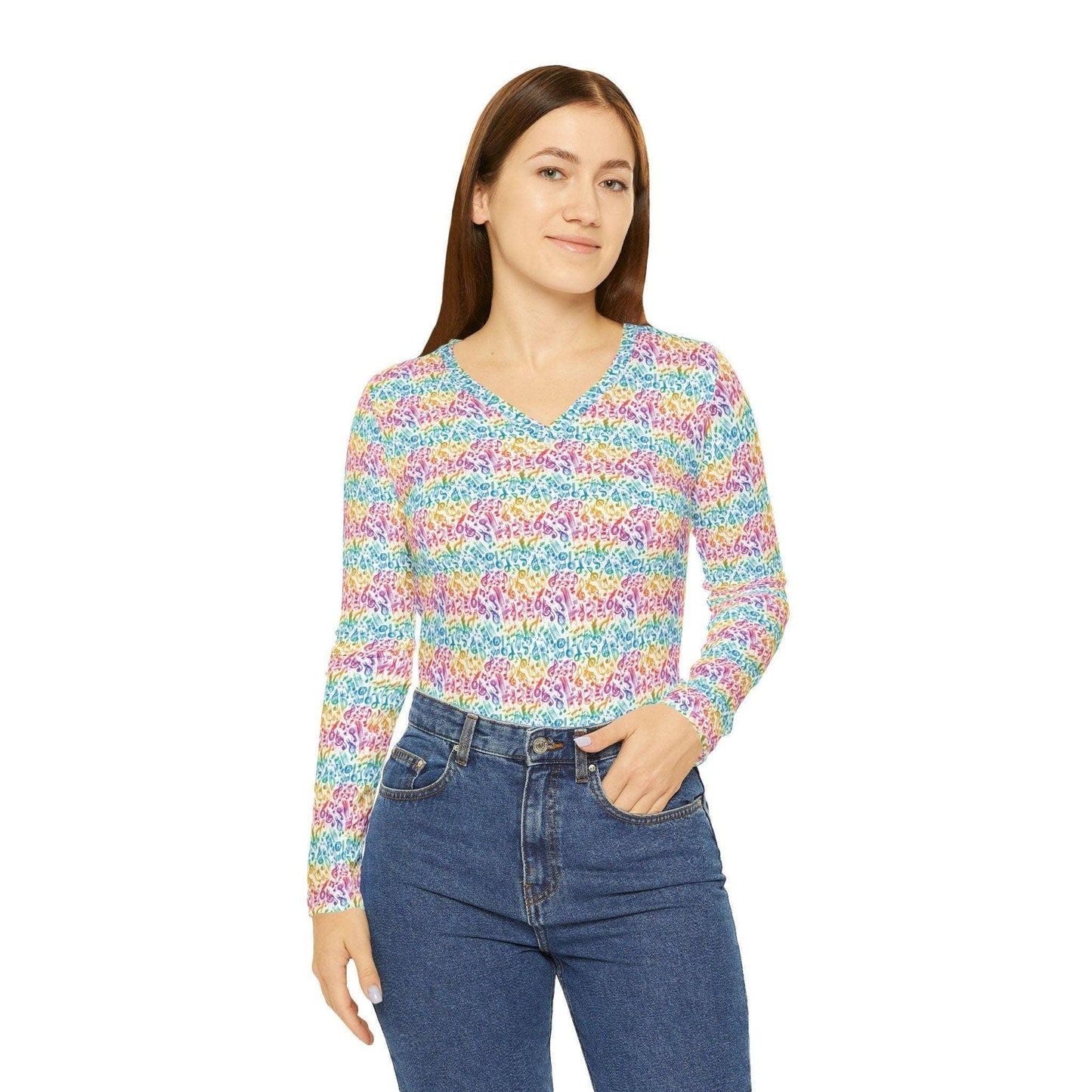 Colorful Women's Long Sleeve V-Neck Shirt, Fun Casual Top, Spring Fashion, Gift for Her, Vibrant Layering Piece