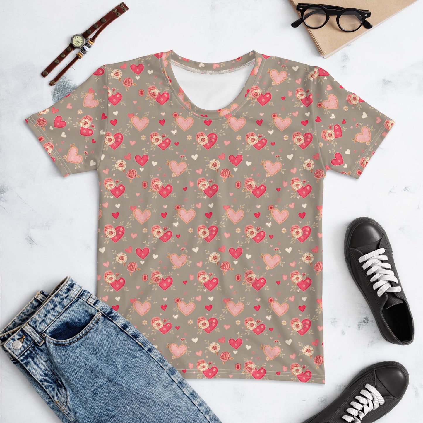 Valentine's Women's AOP T-Shirt | Trendy & Comfortable Heart Print Tee | Perfect for Valentine's Day Gift