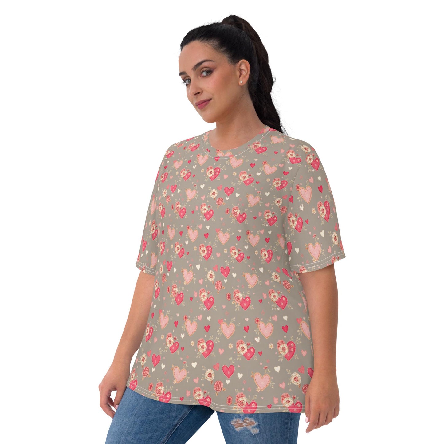 Valentine's Women's AOP T-Shirt | Trendy & Comfortable Heart Print Tee | Perfect for Valentine's Day Gift