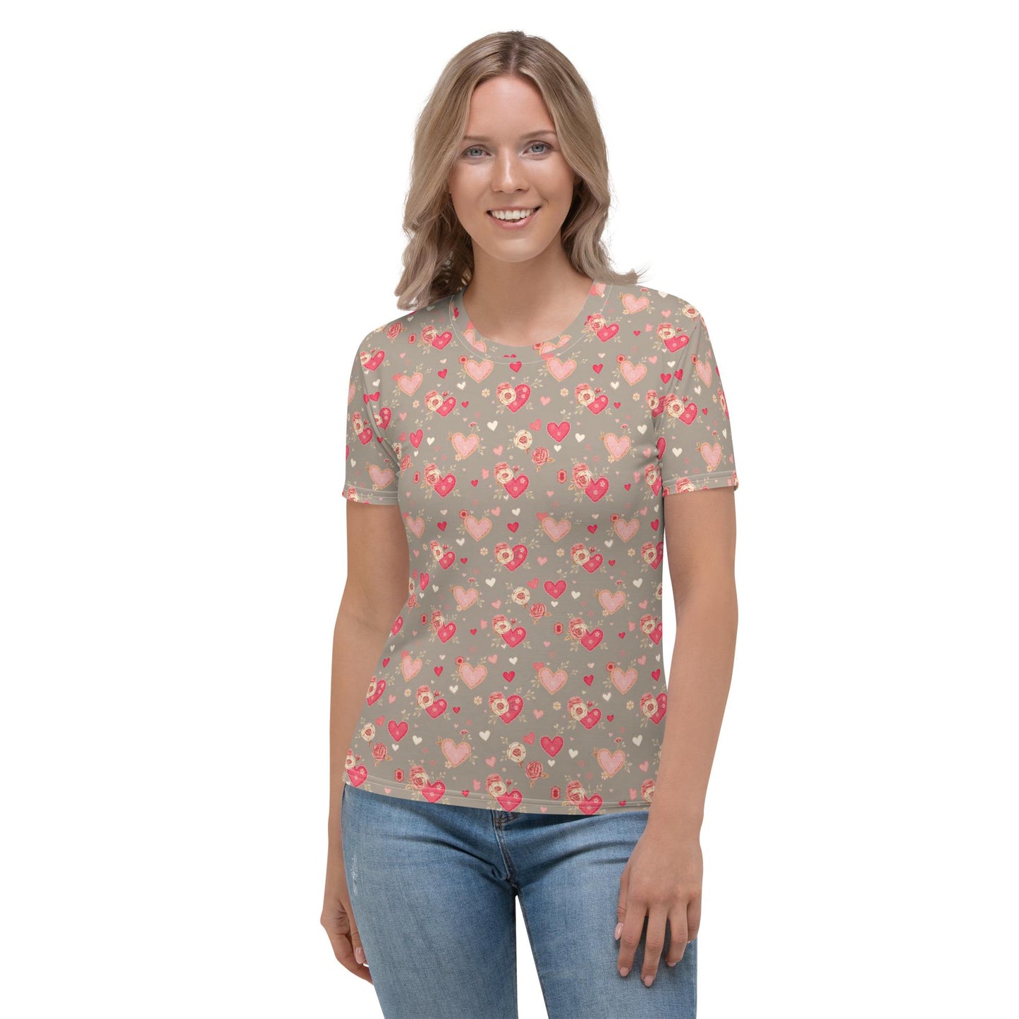Valentine's Women's AOP T-Shirt | Trendy & Comfortable Heart Print Tee | Perfect for Valentine's Day Gift