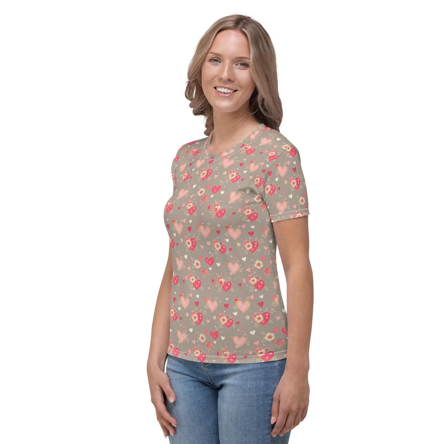 Valentine's Women's AOP T-Shirt | Trendy & Comfortable Heart Print Tee | Perfect for Valentine's Day Gift