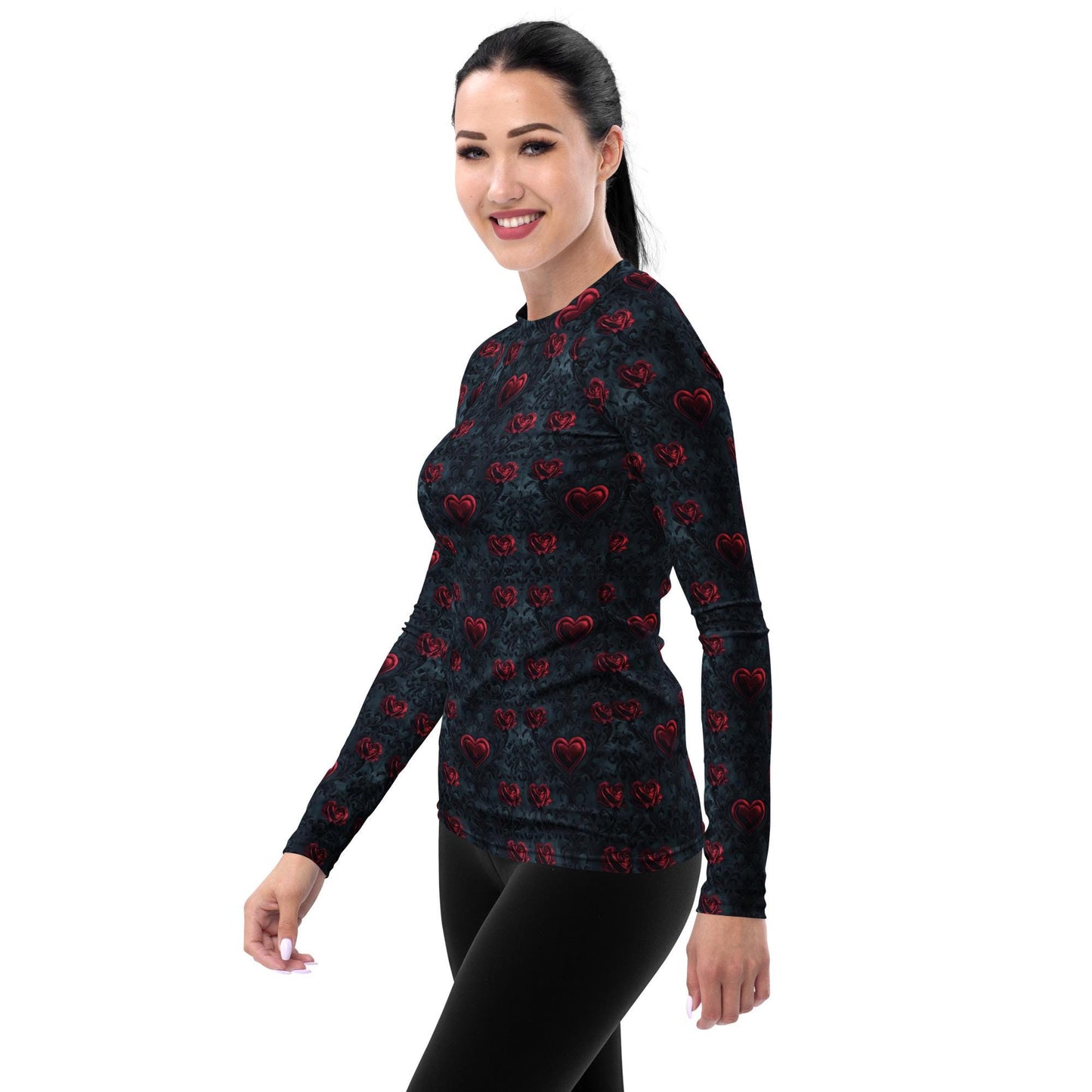 Gothic Valentine's Heart Print Rash Guard Top – Women's Versatile Swimwear Casual Wear, Dark Romance Style, Perfect for Valentine’s Day