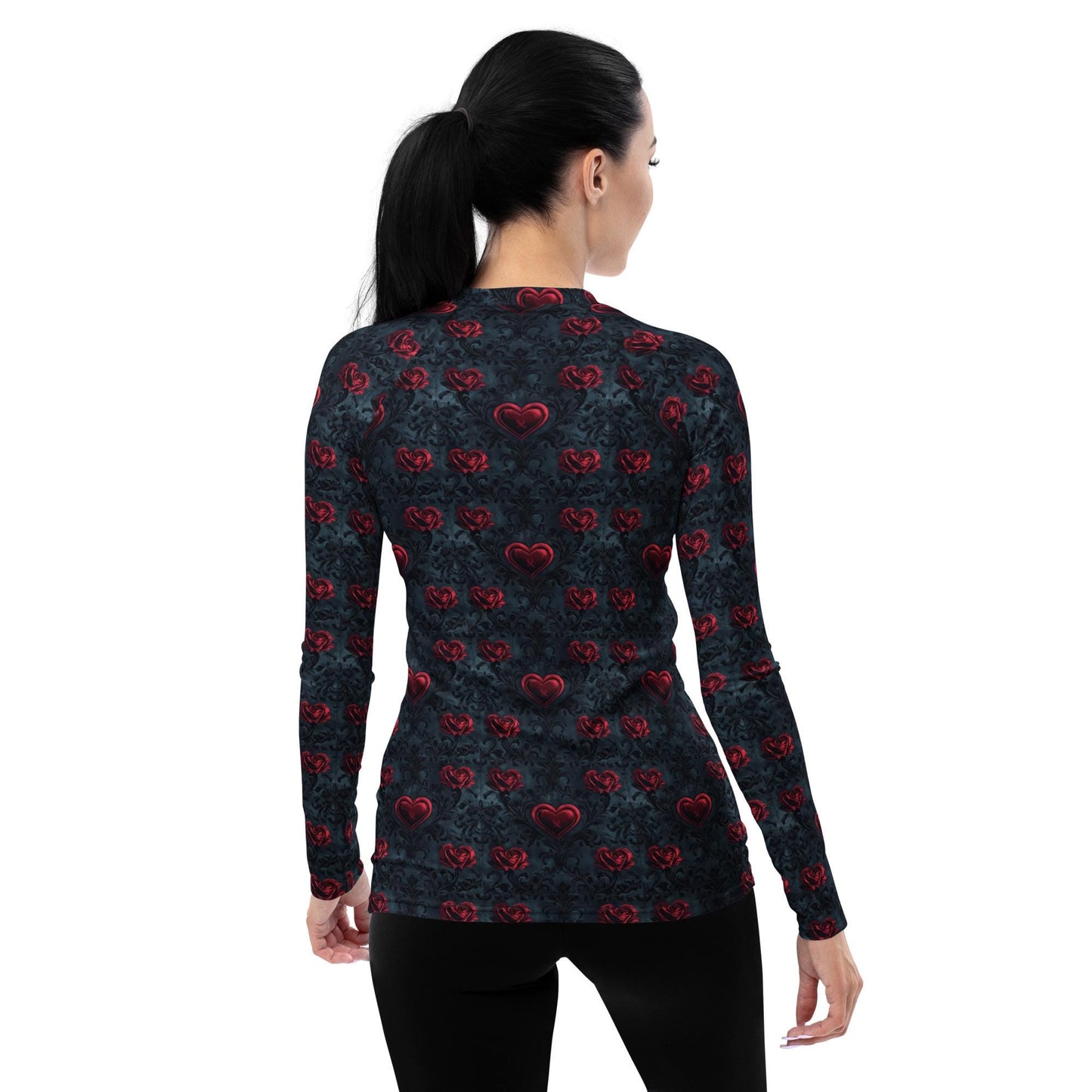 Gothic Valentine's Heart Print Rash Guard Top – Women's Versatile Swimwear Casual Wear, Dark Romance Style, Perfect for Valentine’s Day