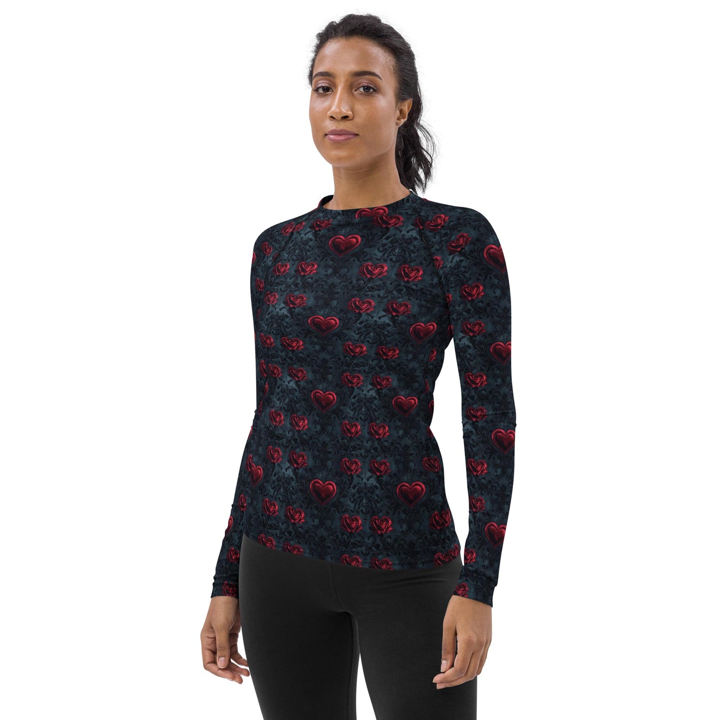 Gothic Valentine's Heart Print Rash Guard Top – Women's Versatile Swimwear Casual Wear, Dark Romance Style, Perfect for Valentine’s Day
