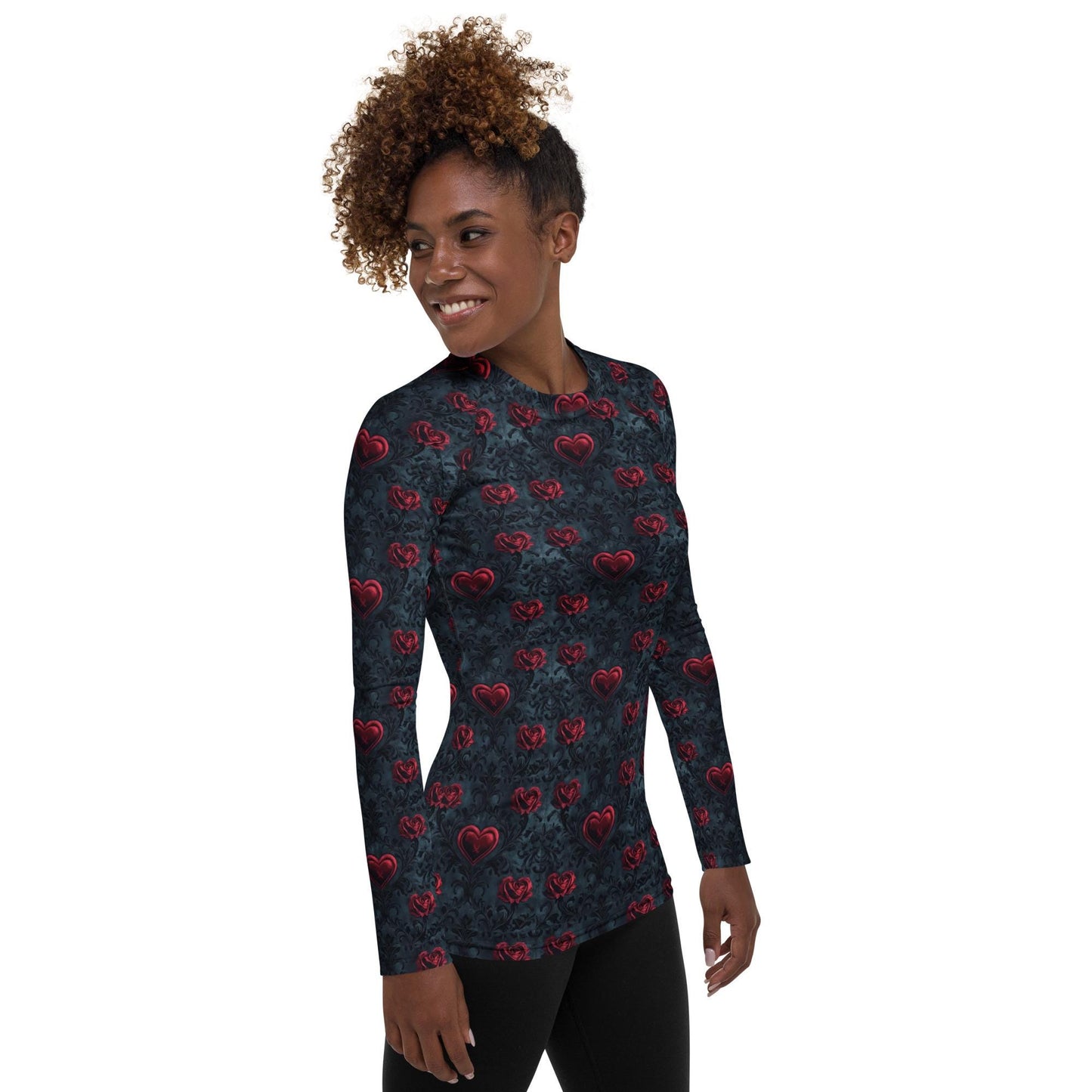 Gothic Valentine's Heart Print Rash Guard Top – Women's Versatile Swimwear Casual Wear, Dark Romance Style, Perfect for Valentine’s Day