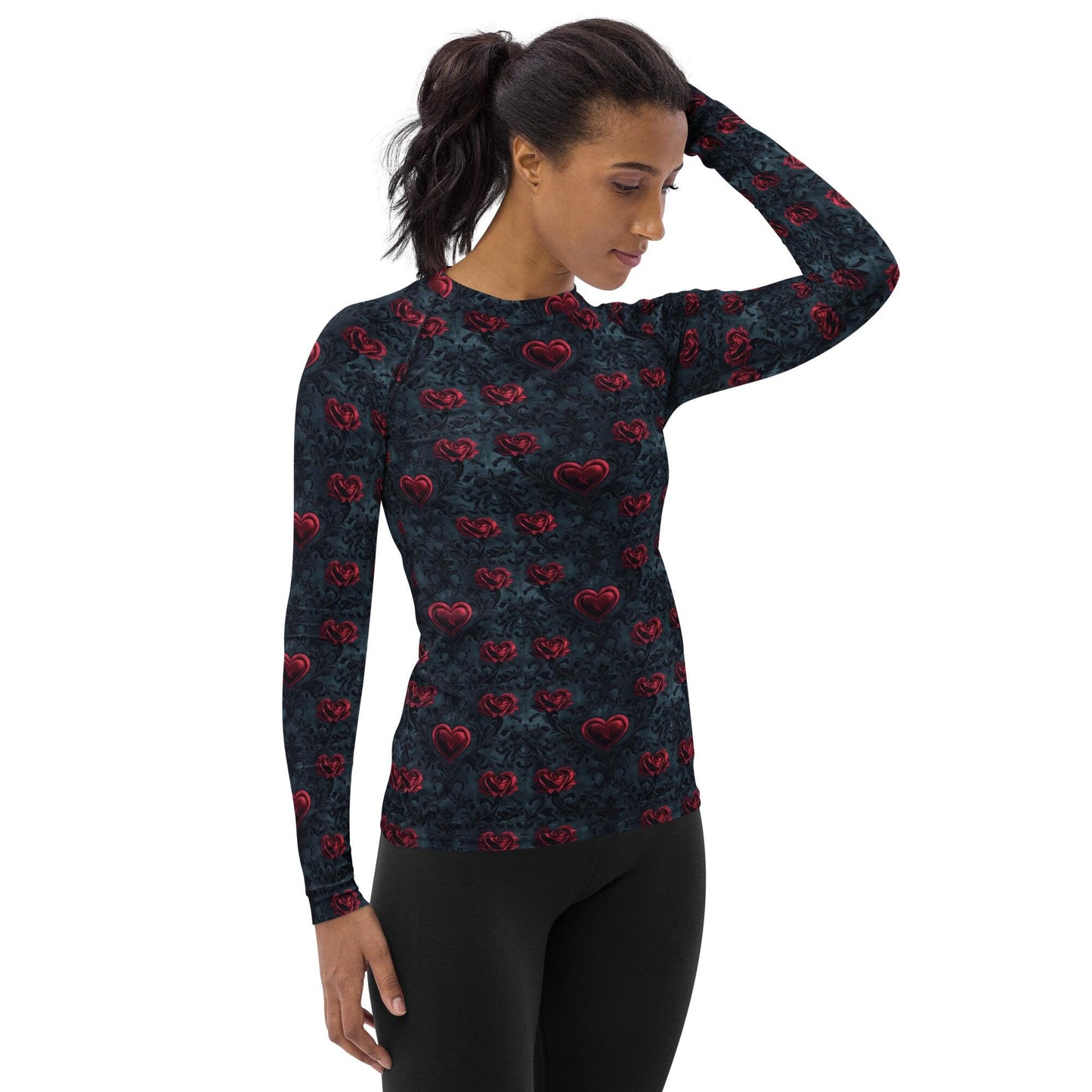 Gothic Valentine's Heart Print Rash Guard Top – Women's Versatile Swimwear Casual Wear, Dark Romance Style, Perfect for Valentine’s Day