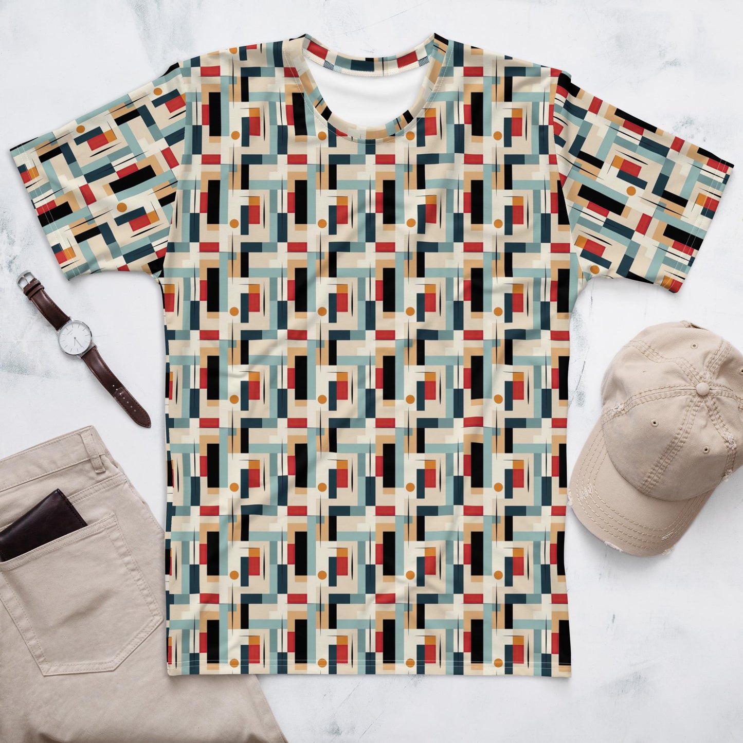 Modern Men's Geometric 90's Style T-shirt - All Over Pattern, Retro Graphic Design, Trendy Streetwear, Bold & Detailed Tee