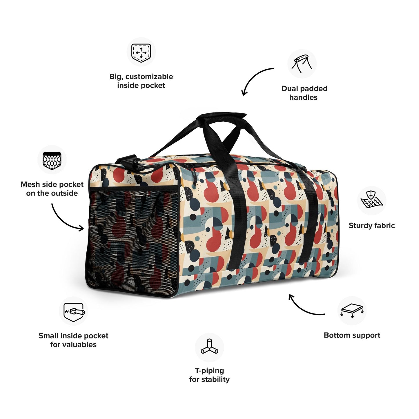 Geometric 90's Style Unisex Duffle Bag | Retro Gym, Travel Vacation Tote | Stylish, Spacious Durable Weekender Bag for Men & Women