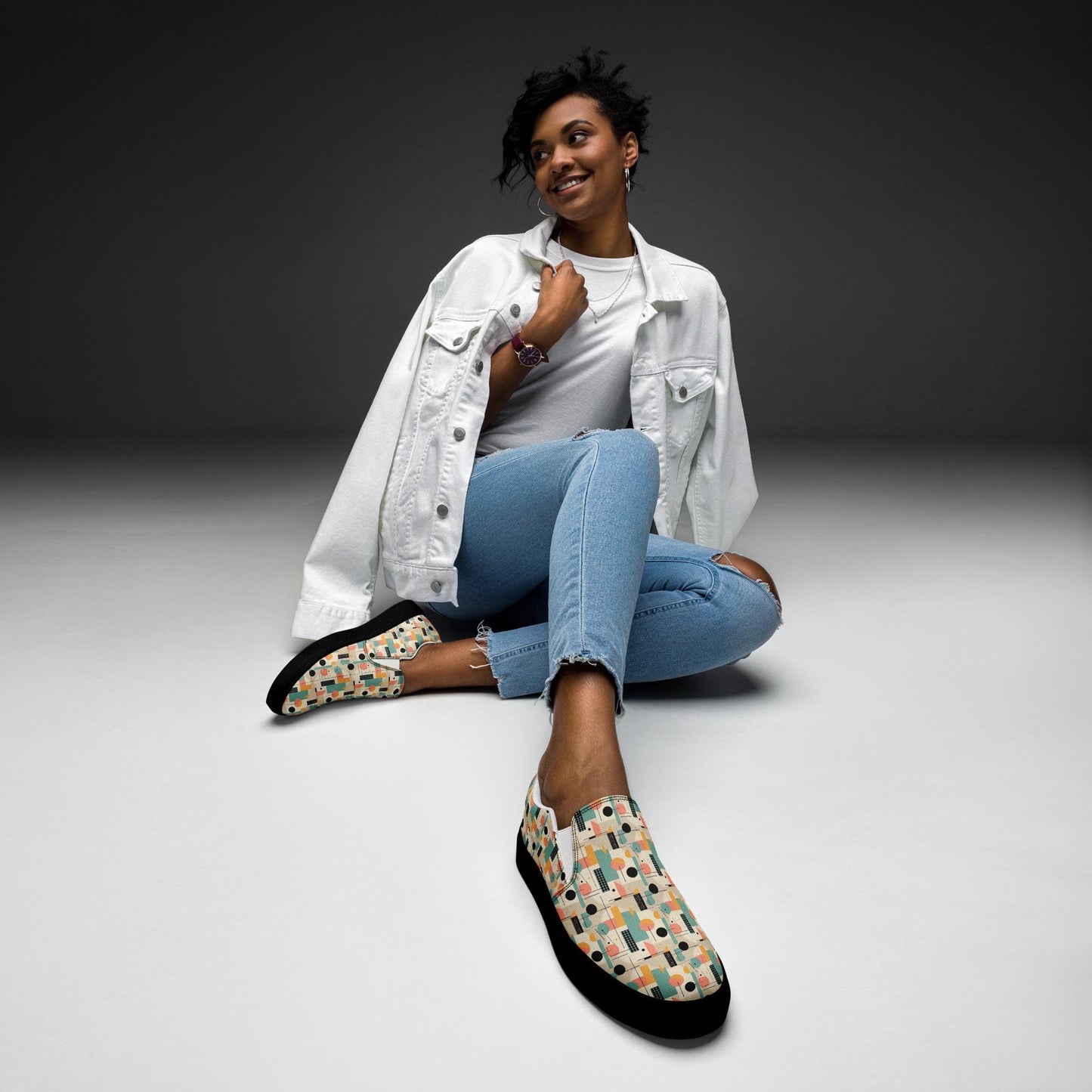 Geometric 90's Style Women’s Slip-On Canvas Shoes | Retro Pattern Flats | Comfortable & Trendy Casual Shoes | Summer Slip-Ons for Women