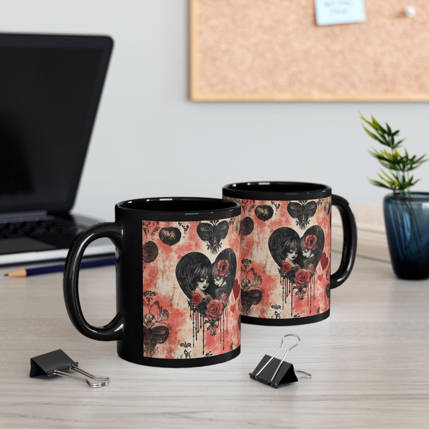 Gothic Love Black Mug | Artistic Coffee Cup with Hearts and Roses | Perfect for Gothic Home Decor, Valentine's Day Gift, Unique Tea Mug, Art