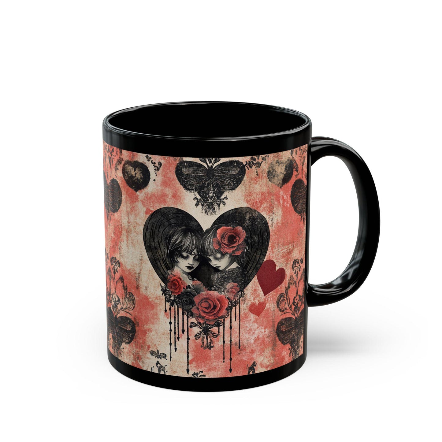 Gothic Love Black Mug | Artistic Coffee Cup with Hearts and Roses | Perfect for Gothic Home Decor, Valentine's Day Gift, Unique Tea Mug, Art