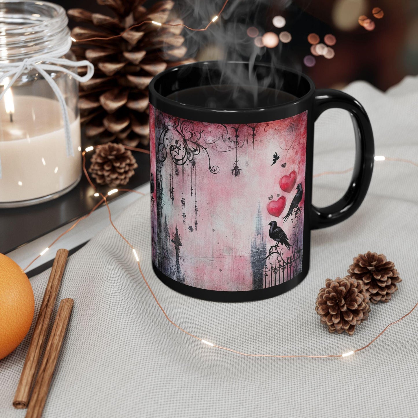 Gothic Love Scene Mug, Romantic Gift, Black Ceramic Coffee Cup, Halloween Decor, Unique Art Mug, Bird & Heart Design