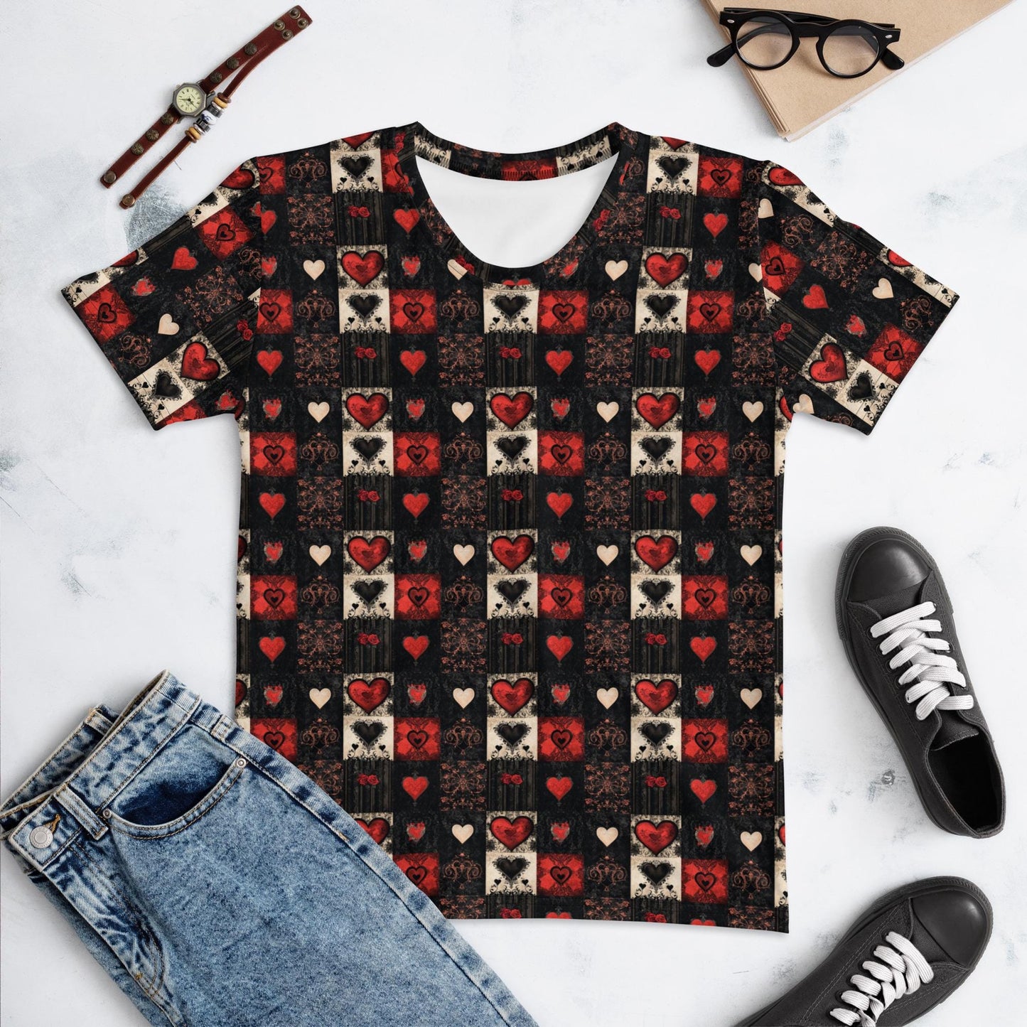 Women's Gothic Valentines All-Over Print Tee – Bold & Edgy Valentine's Day Shirt for Trendsetters"