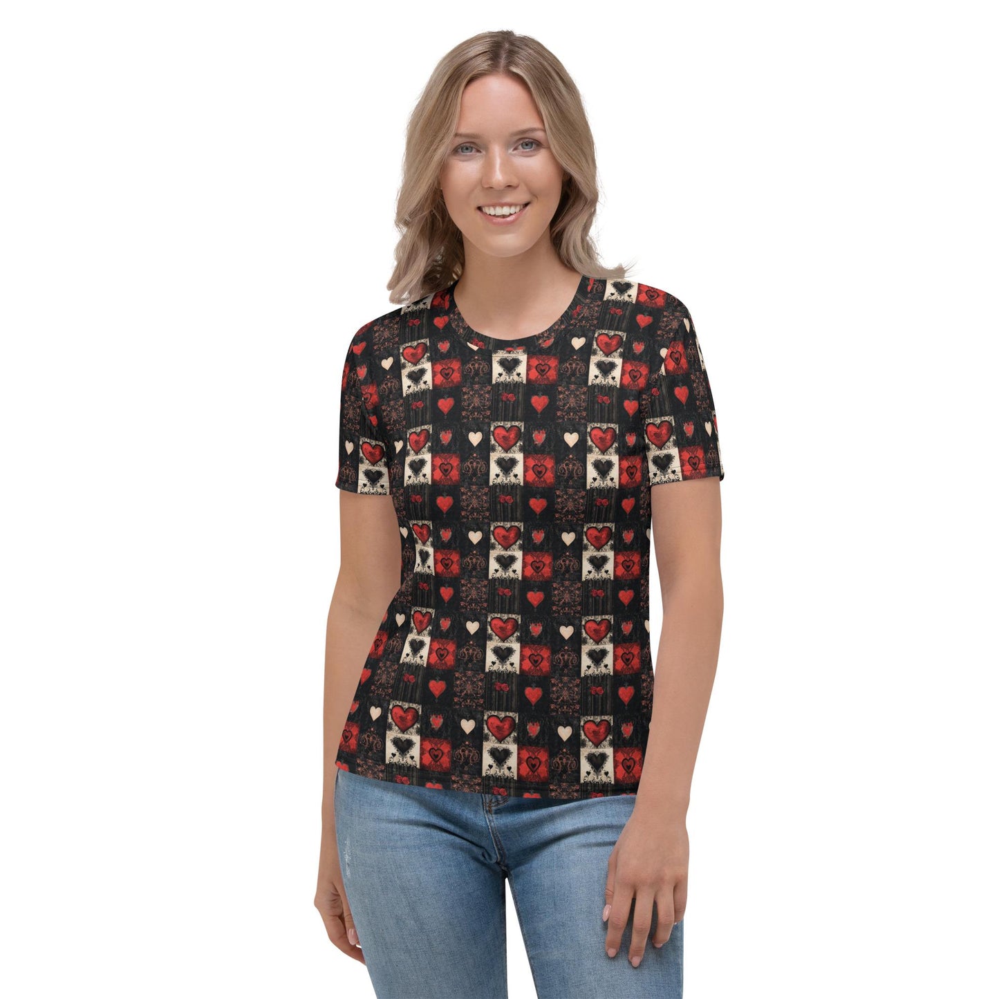 Women's Gothic Valentines All-Over Print Tee – Bold & Edgy Valentine's Day Shirt for Trendsetters"