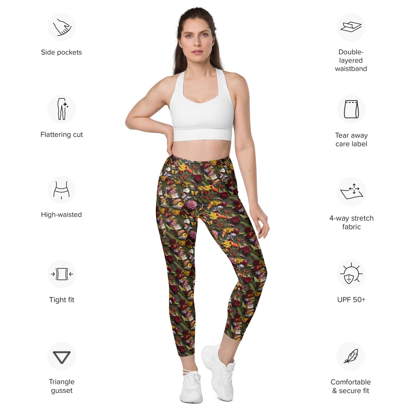 Women's 3D Floral Print Leggings with Pockets | Stunning AOP Pattern | Stylish, Comfortable & Functional | Perfect for Yoga or Casual Wear
