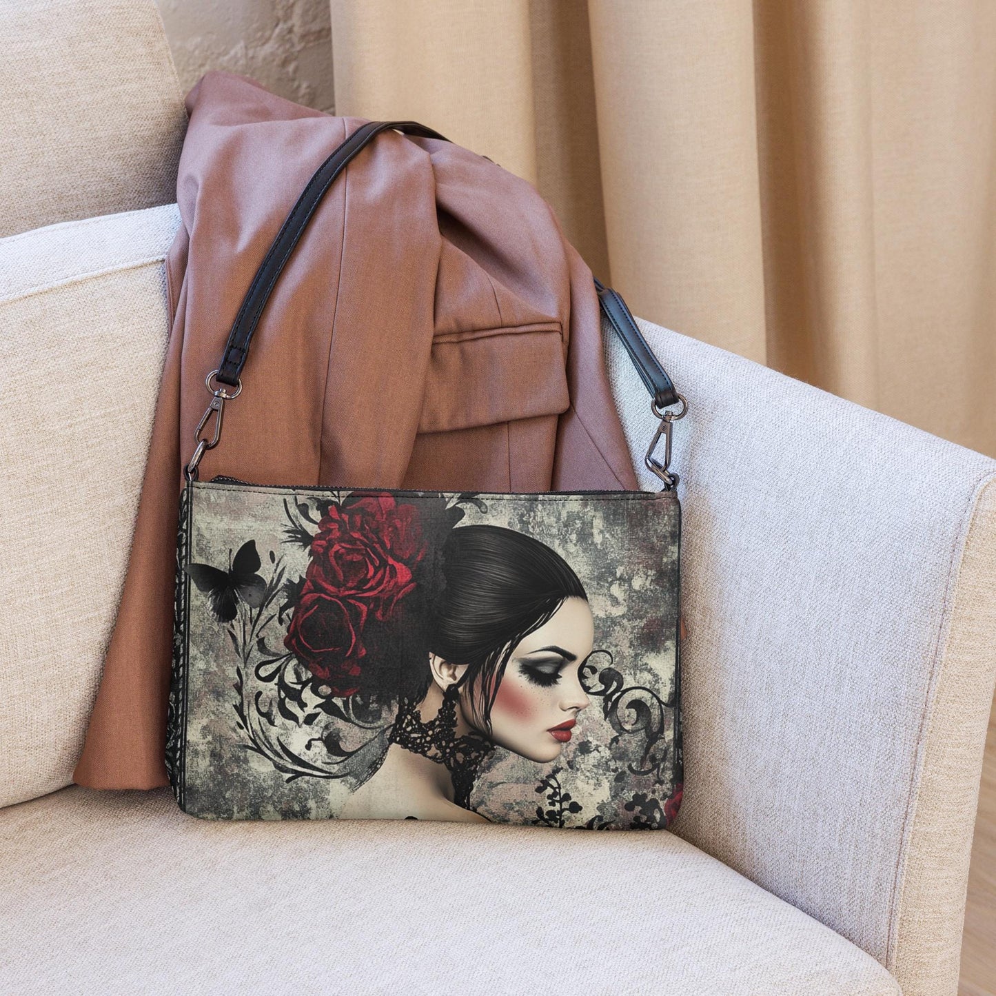 Gothic Valentine’s Crossbody Handbag – Dark & Stylish Heart Design with Silver Cross – Perfect for a Bold Unique Valentine's Gift