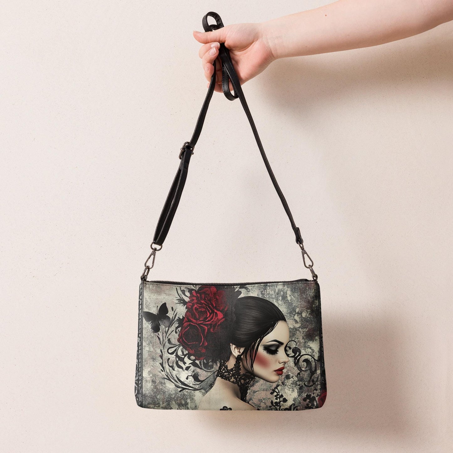 Gothic Valentine’s Crossbody Handbag – Dark & Stylish Heart Design with Silver Cross – Perfect for a Bold Unique Valentine's Gift