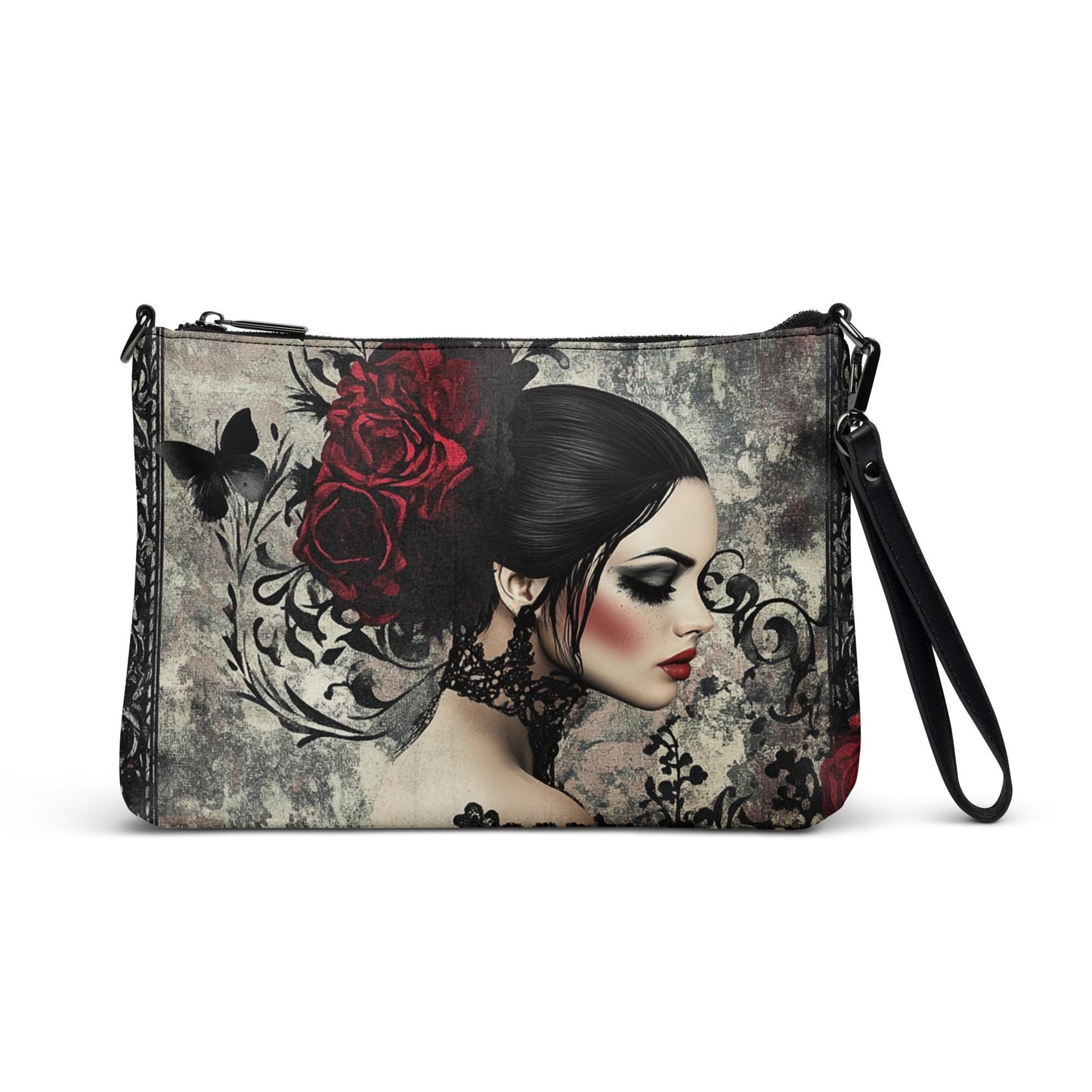Gothic Valentine’s Crossbody Handbag – Dark & Stylish Heart Design with Silver Cross – Perfect for a Bold Unique Valentine's Gift